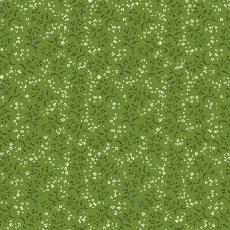 A repeating floral pattern featuring small white flowers and dark green leaves on a medium olive green background.