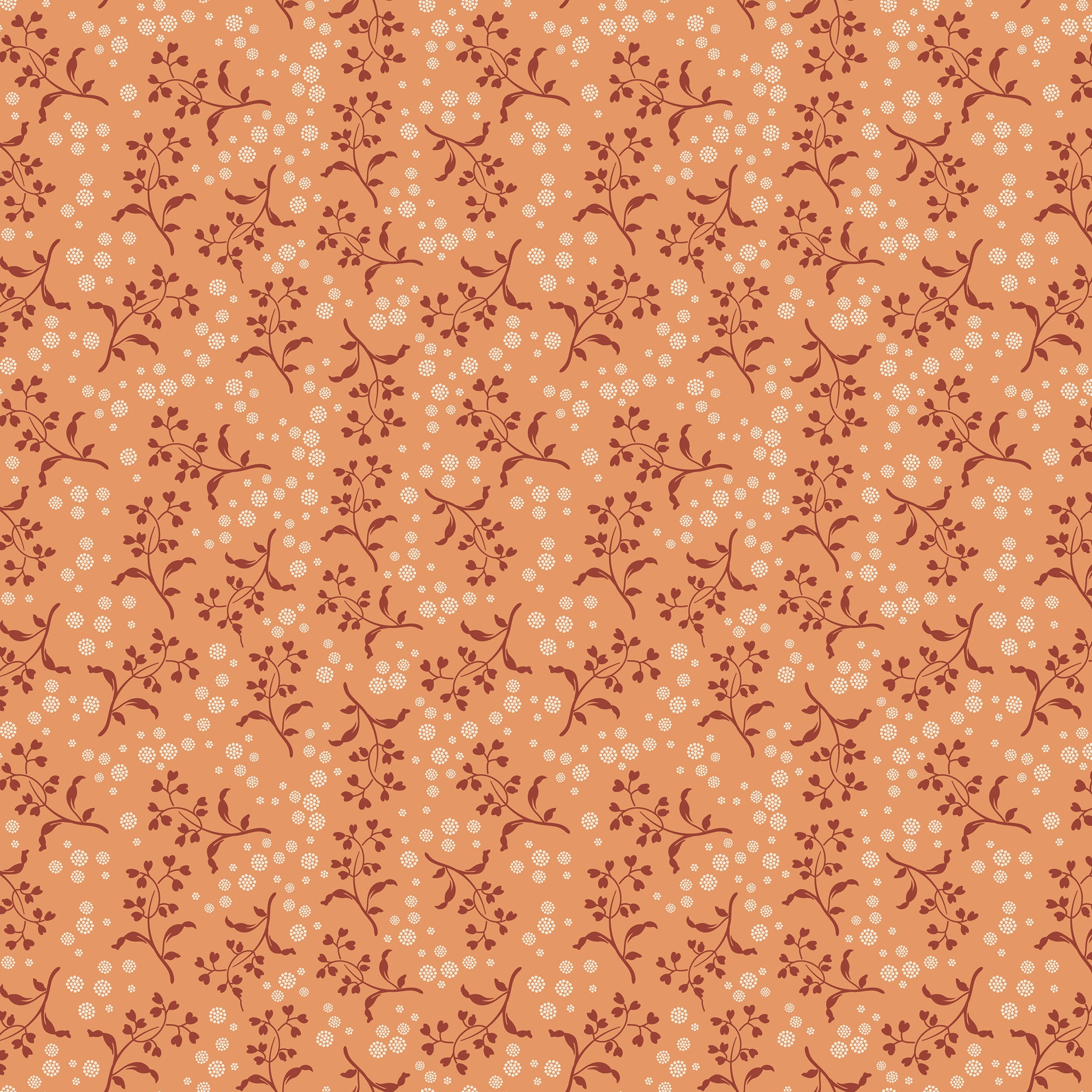 A seamless repeating pattern featuring delicate dark reddish-brown floral vines and small cream-colored dots on a warm peach-orange background.