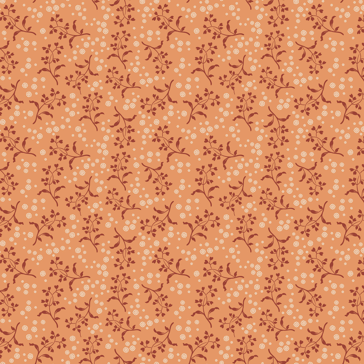 A seamless repeating pattern featuring delicate dark reddish-brown floral vines and small cream-colored dots on a warm peach-orange background.