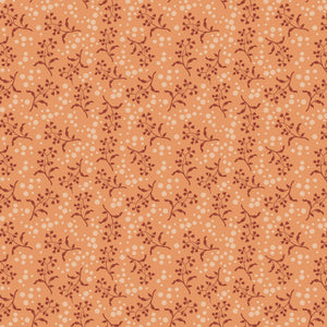 A seamless repeating pattern featuring delicate dark reddish-brown floral vines and small cream-colored dots on a warm peach-orange background.