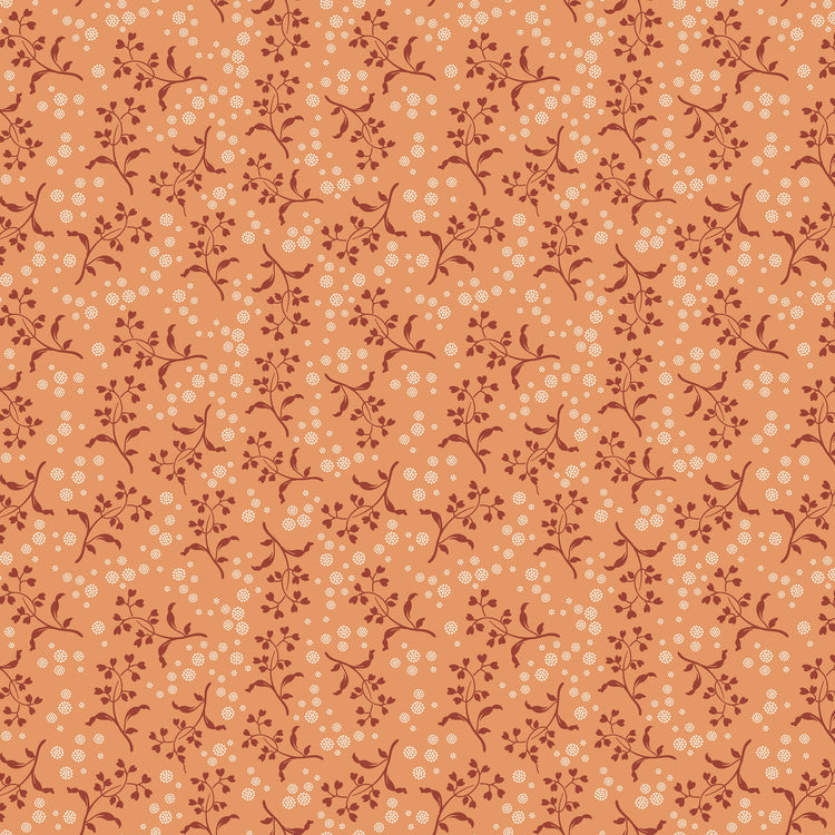 A seamless repeating pattern featuring delicate dark reddish-brown floral vines and small cream-colored dots on a warm peach-orange background.