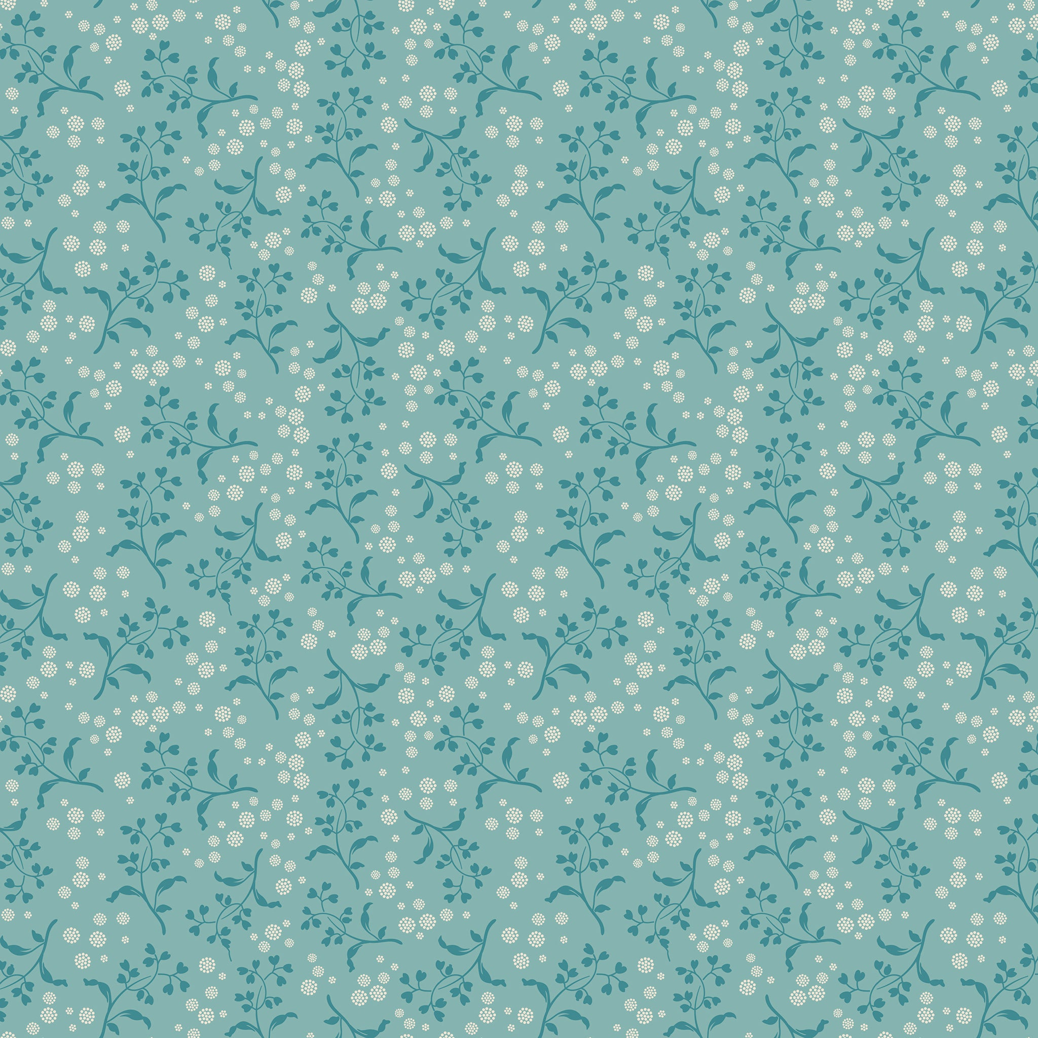 A repeating floral pattern featuring small white berries and leaves on a soft teal background.
