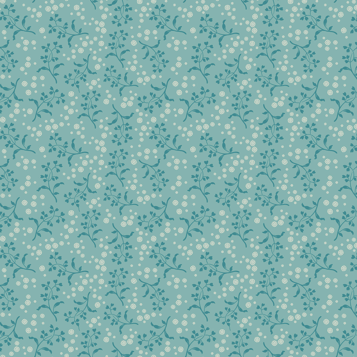 A repeating floral pattern featuring small white berries and leaves on a soft teal background.