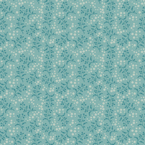 A repeating floral pattern featuring small white berries and leaves on a soft teal background.