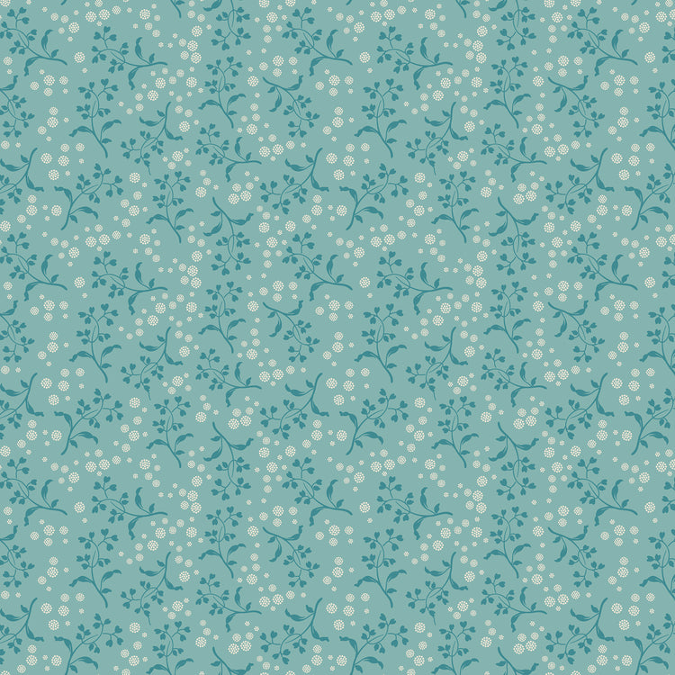 A repeating floral pattern featuring small white berries and leaves on a soft teal background.