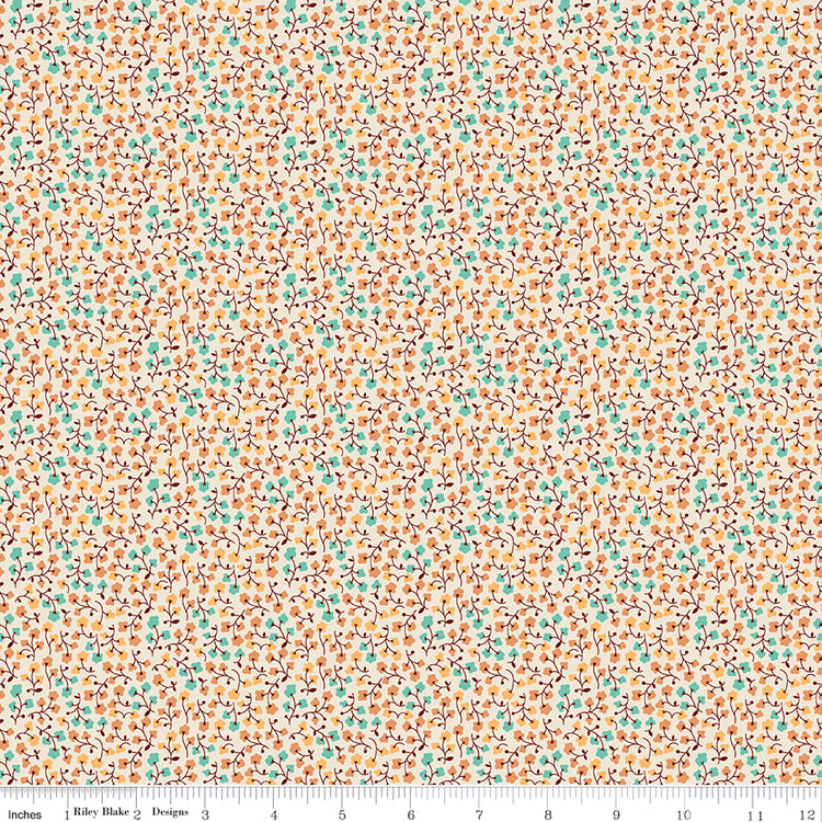 Floral patterned fabric with a ruler at the bottom for scale