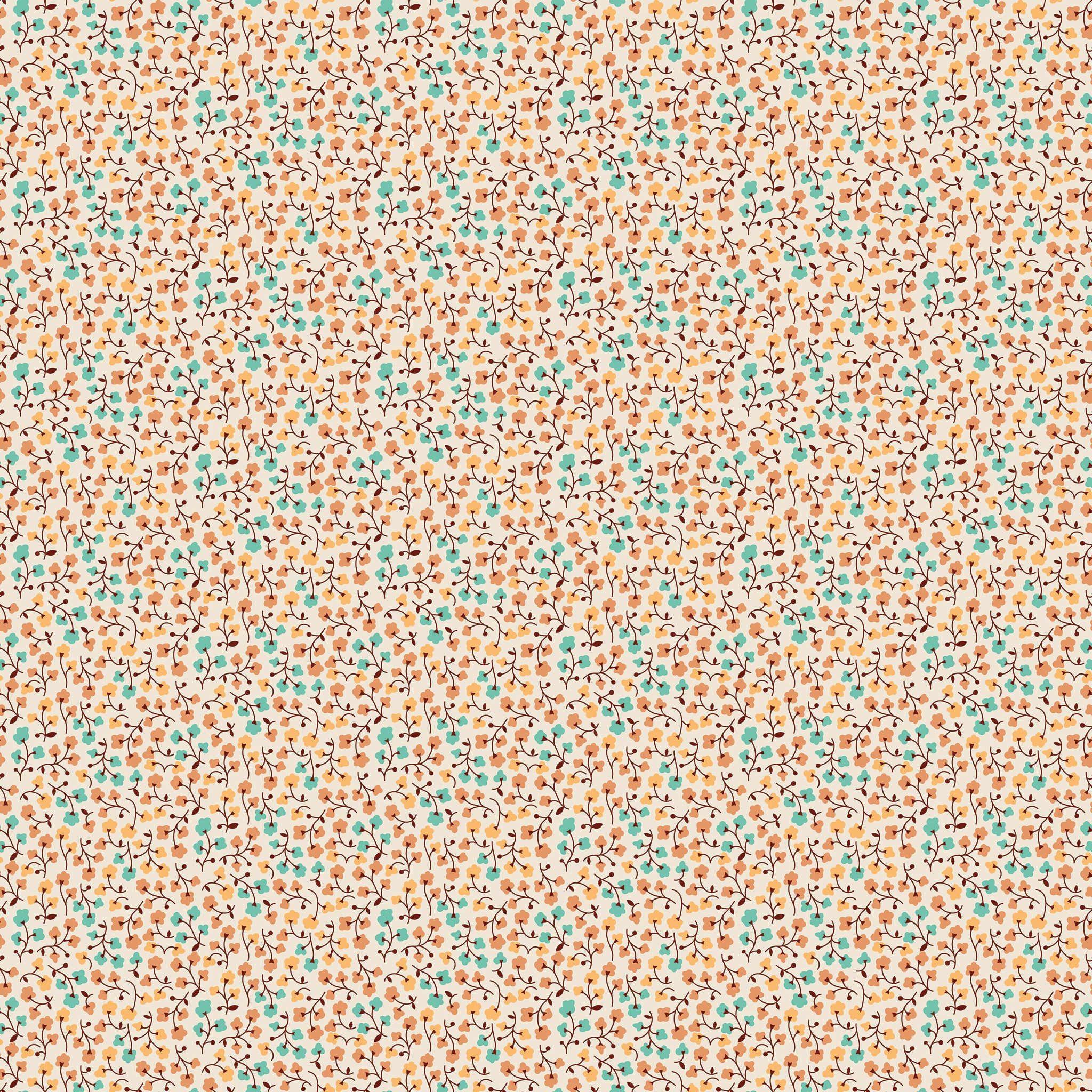 A seamless fabric pattern featuring small orange and teal flowers with tiny black and white details on a warm cream background.