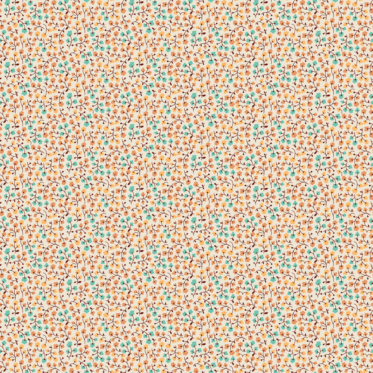 A seamless fabric pattern featuring small orange and teal flowers with tiny black and white details on a warm cream background.