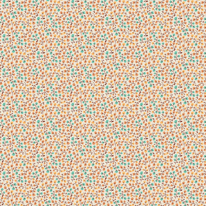 A seamless fabric pattern featuring small orange and teal flowers with tiny black and white details on a warm cream background.