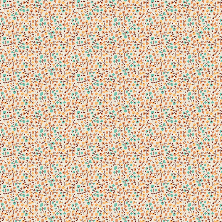 A seamless fabric pattern featuring small orange and teal flowers with tiny black and white details on a warm cream background.