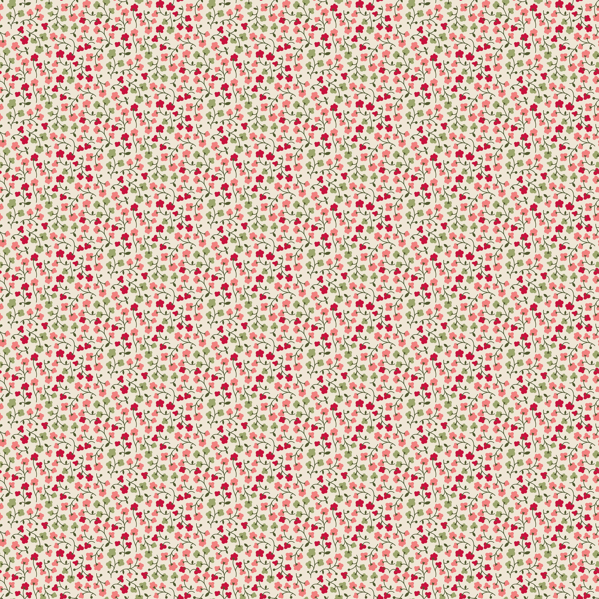 A seamless fabric pattern featuring a dense, small-scale print of red berries and green leaves on a warm cream background.