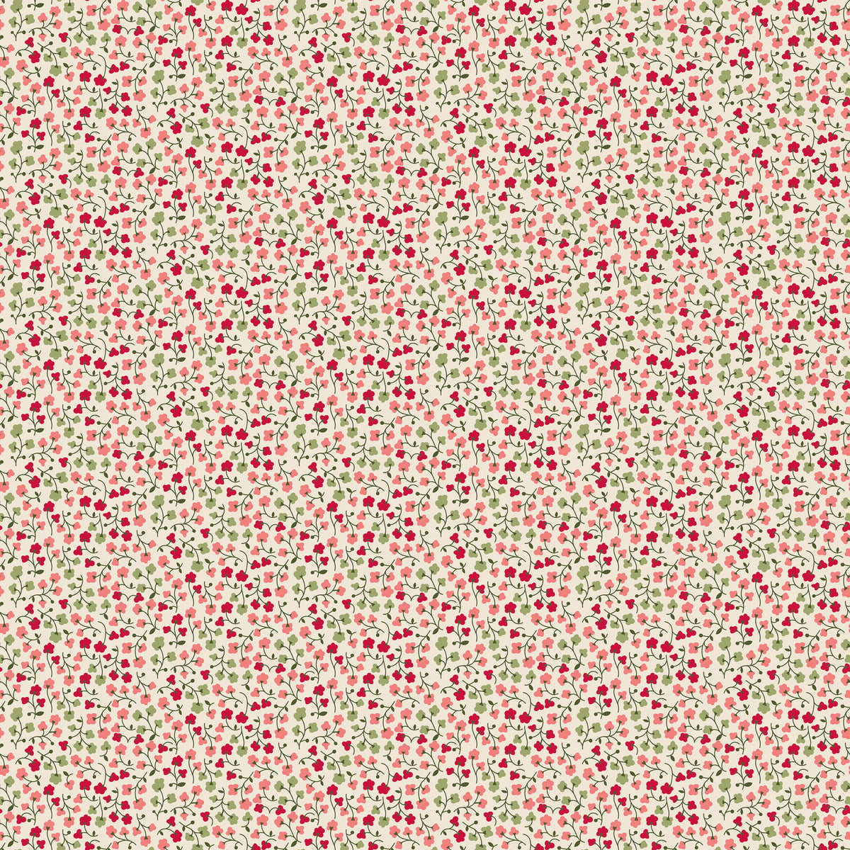 A seamless fabric pattern featuring a dense, small-scale print of red berries and green leaves on a warm cream background.