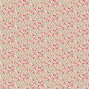 A seamless fabric pattern featuring a dense, small-scale print of red berries and green leaves on a warm cream background.