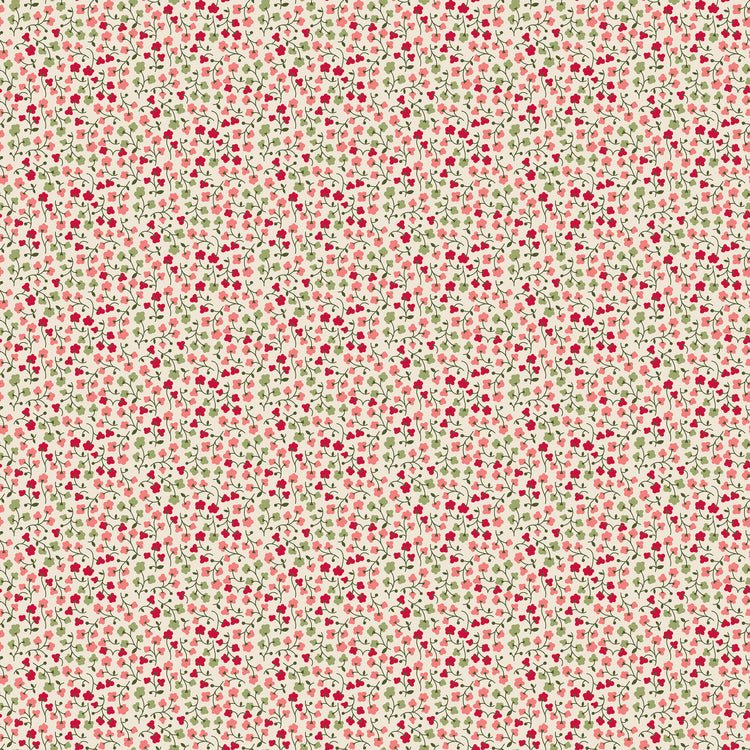 A seamless fabric pattern featuring a dense, small-scale print of red berries and green leaves on a warm cream background.