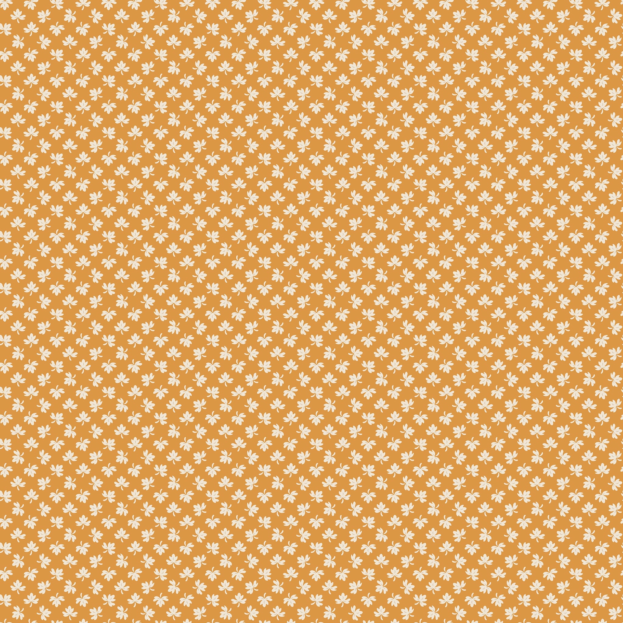 A repeating pattern of small white floral motifs on a warm orange background, filling the entire frame.
