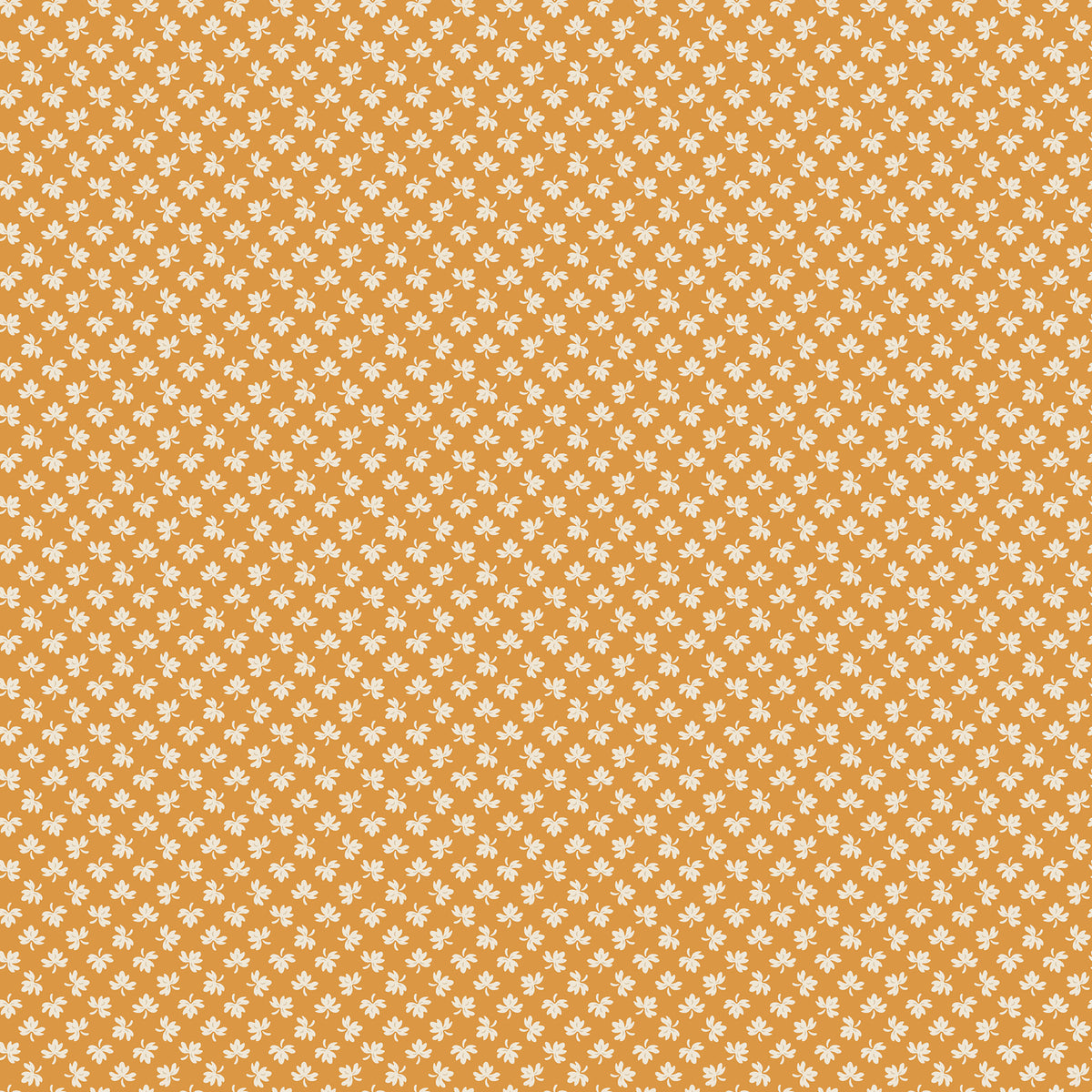 A repeating pattern of small white floral motifs on a warm orange background, filling the entire frame.