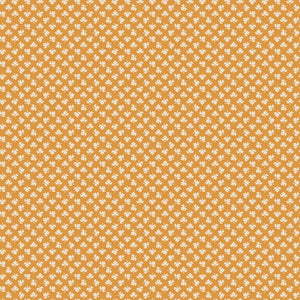 A repeating pattern of small white floral motifs on a warm orange background, filling the entire frame.