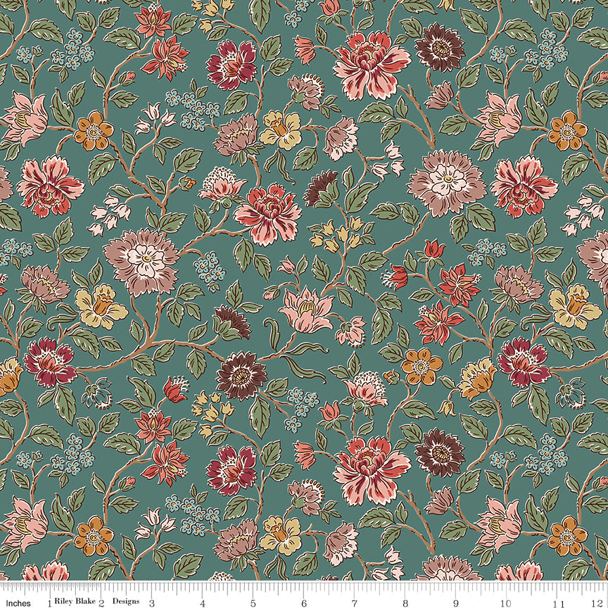 Northanger Abbey Morland Blue floral fabric with coral, blush, burgundy, gold, and green flowers on a muted blue background with ruler for scale.