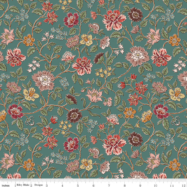 Northanger Abbey Morland Blue floral fabric with coral, blush, burgundy, gold, and green flowers on a muted blue background with ruler for scale.