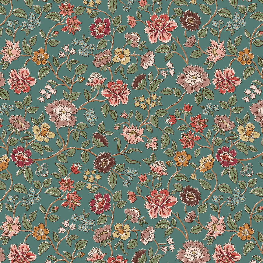 Northanger Abbey Morland Blue floral fabric with coral, blush, burgundy, gold, and green flowers on a muted blue background.