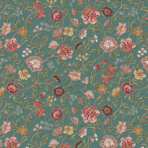 Northanger Abbey Morland Blue floral fabric with coral, blush, burgundy, gold, and green flowers on a muted blue background.