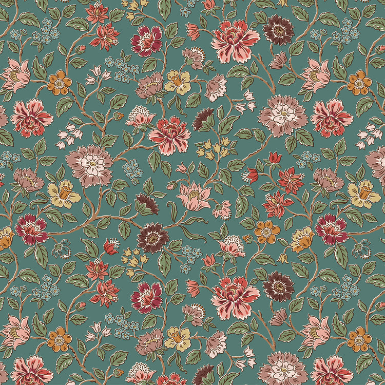 Northanger Abbey Morland Blue floral fabric with coral, blush, burgundy, gold, and green flowers on a muted blue background.