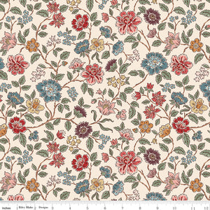 Northanger Abbey Morland Cream floral fabric with red, blue, blush, gold, and green flowers on a soft cream background with ruler for scale.