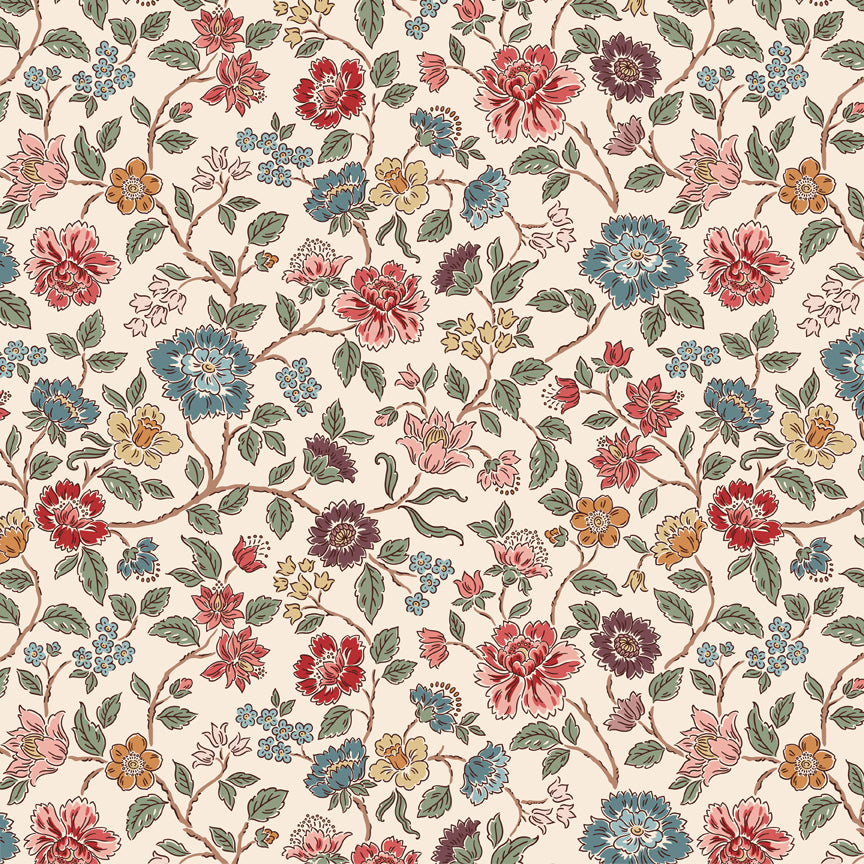 Northanger Abbey Morland Cream floral fabric with red, blue, blush, gold, and green flowers on a soft cream background.