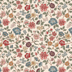 Northanger Abbey Morland Cream floral fabric with red, blue, blush, gold, and green flowers on a soft cream background.