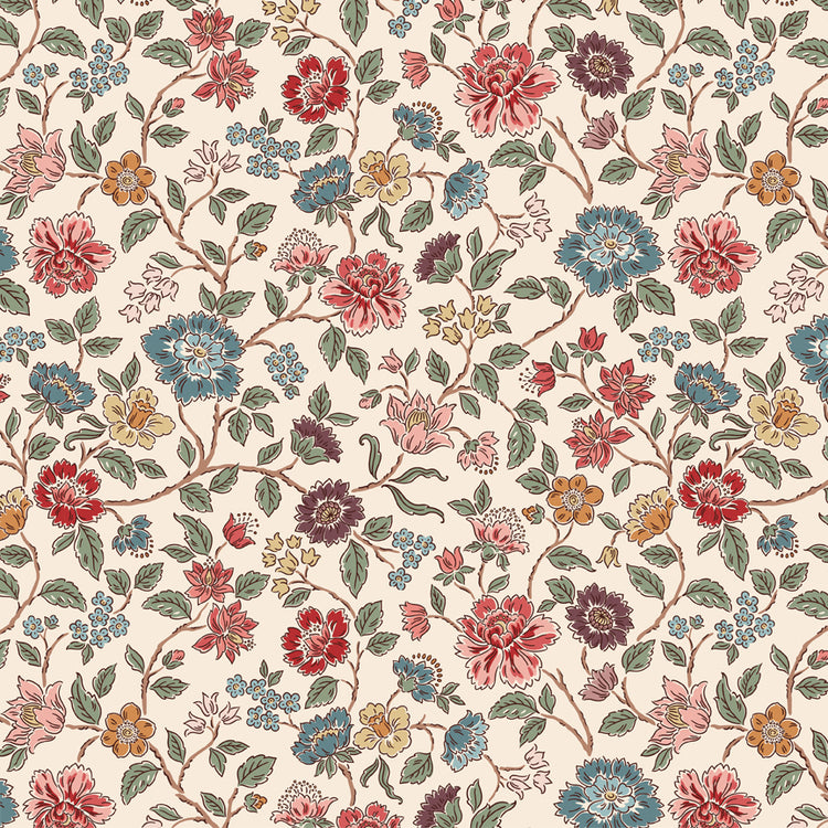 Northanger Abbey Morland Cream floral fabric with red, blue, blush, gold, and green flowers on a soft cream background.