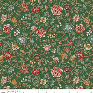 Northanger Abbey Morland Green floral fabric with coral, blue, blush, gold, and burgundy flowers on a rich green background with ruler for scale.