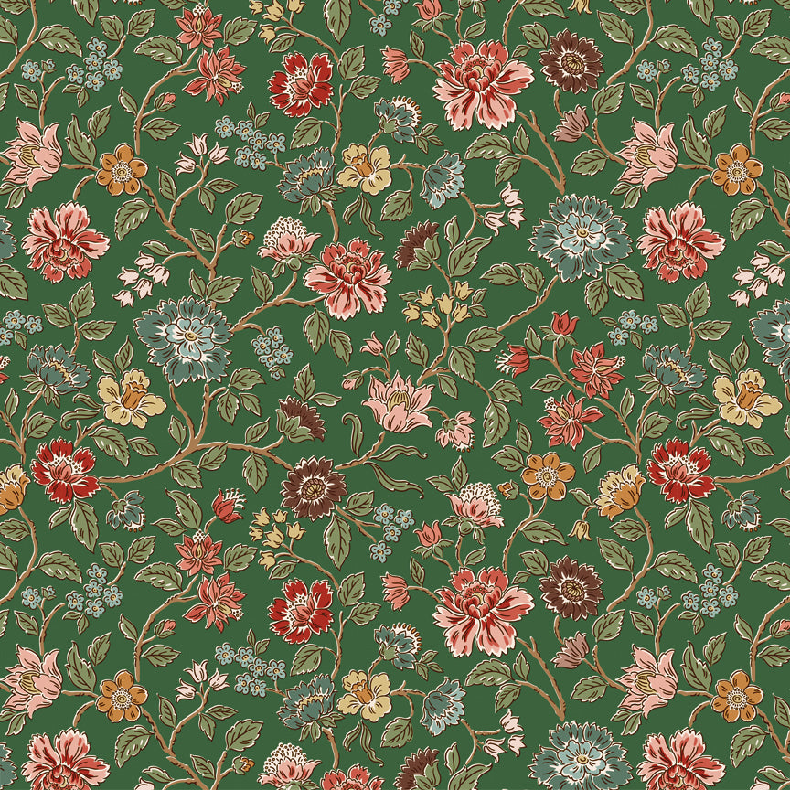 Northanger Abbey Morland Green floral fabric with coral, blue, blush, gold, and burgundy flowers on a rich green background.