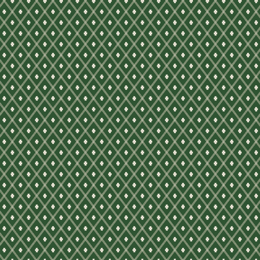 Northanger Abbey Thorpe Green fabric with cream diamond lattice and tiny flowers on deep green.