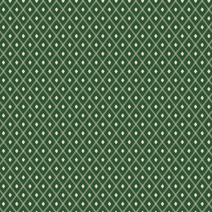 Northanger Abbey Thorpe Green fabric with cream diamond lattice and tiny flowers on deep green.