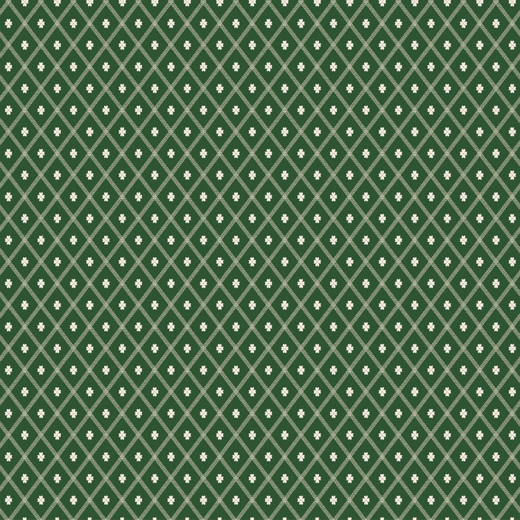 Northanger Abbey Thorpe Green fabric with cream diamond lattice and tiny flowers on deep green.