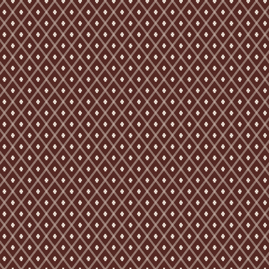 Northanger Abbey Thorpe Marsala fabric with cream diamond lattice on a rich reddish-brown background.
