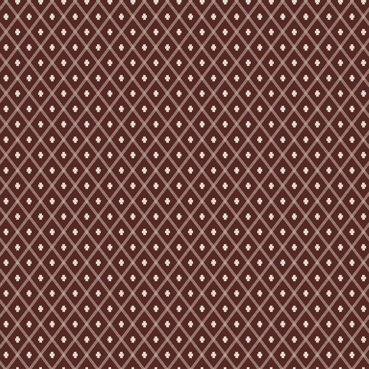 Northanger Abbey Thorpe Marsala fabric with cream diamond lattice on a rich reddish-brown background.