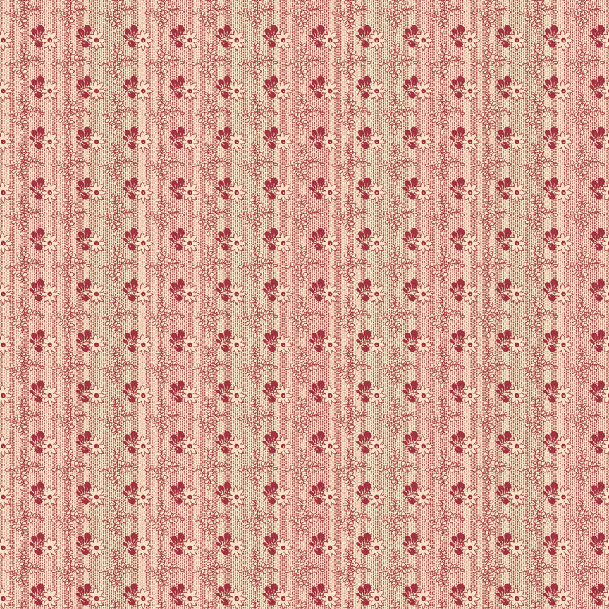 Northanger Abbey Richard fabric with small red floral motifs in a delicate repeat on pale peach.