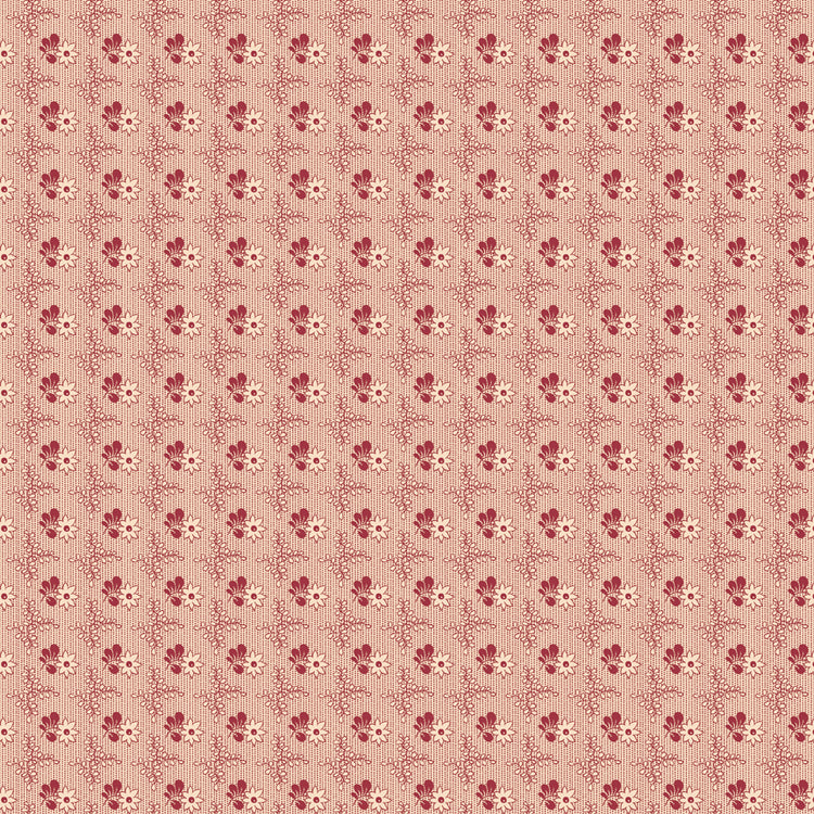 Northanger Abbey Richard fabric with small red floral motifs in a delicate repeat on pale peach.