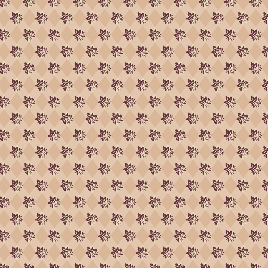 Northanger Abbey James fabric with plum floral sprigs over a tan and cream diamond pattern.