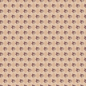 Northanger Abbey James fabric with plum floral sprigs over a tan and cream diamond pattern.