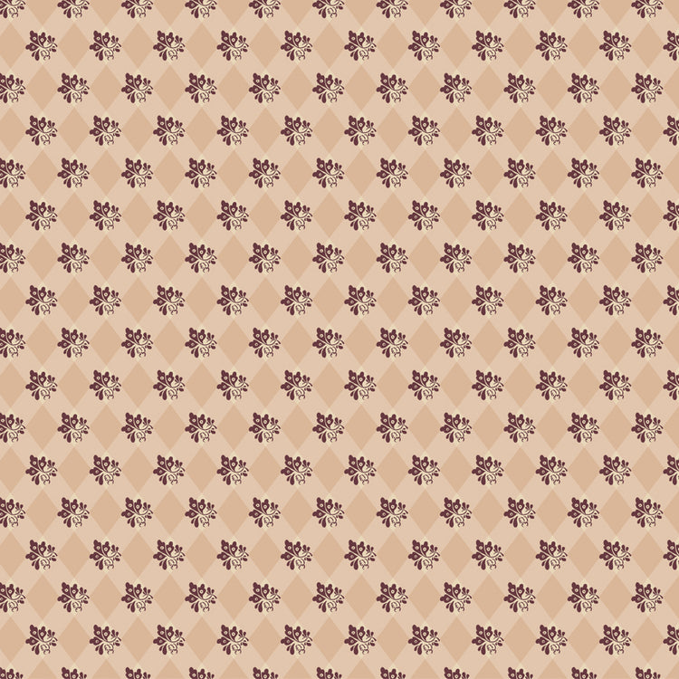 Northanger Abbey James fabric with plum floral sprigs over a tan and cream diamond pattern.