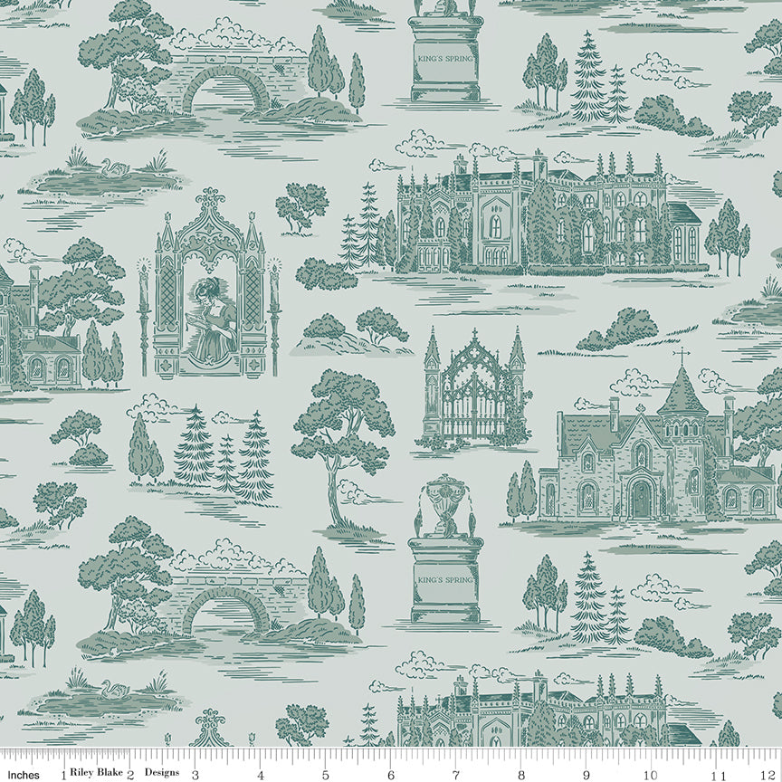 Northanger Abbey Abbey Blue fabric with teal estate, bridge, monument, tree, and garden scenes on pale blue with ruler for scale.