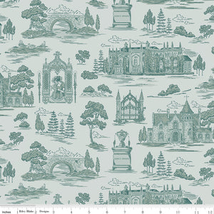 Northanger Abbey Abbey Blue fabric with teal estate, bridge, monument, tree, and garden scenes on pale blue with ruler for scale.