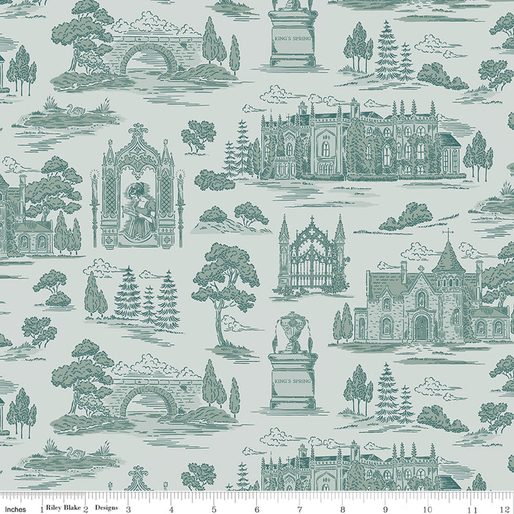 Northanger Abbey Abbey Blue fabric with teal estate, bridge, monument, tree, and garden scenes on pale blue with ruler for scale.