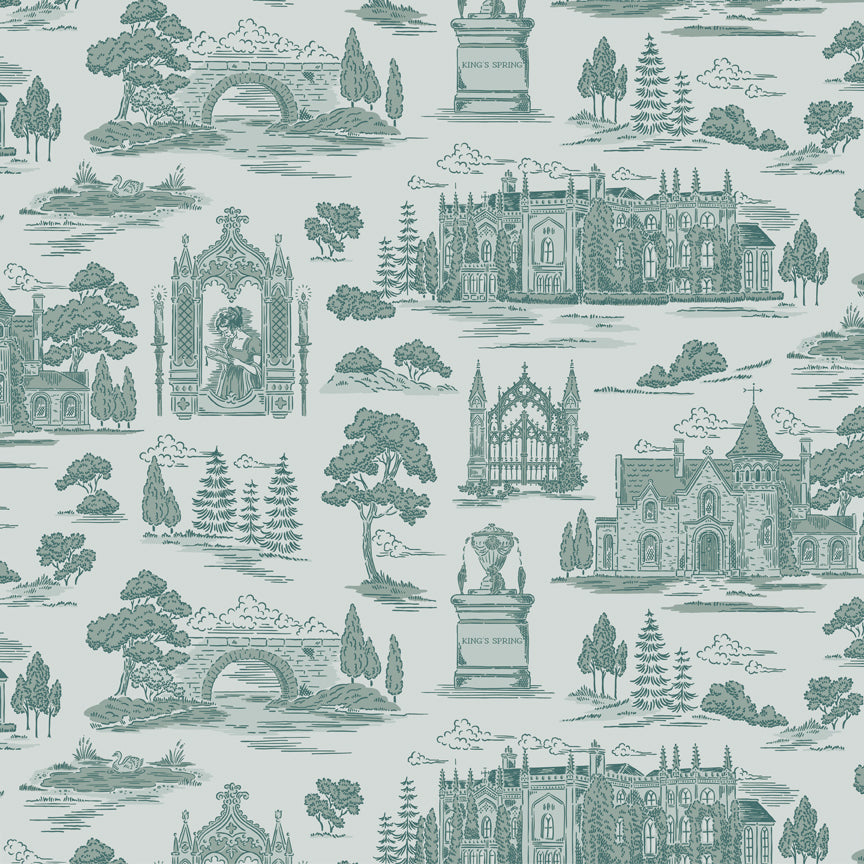 Northanger Abbey Abbey Blue fabric with teal estate, bridge, monument, tree, and garden scenes on pale blue.