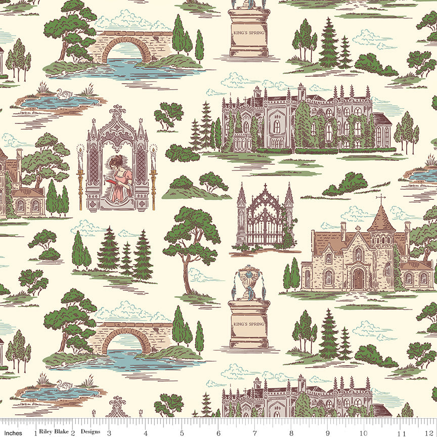 Northanger Abbey Abbey Cloud fabric with English estates, bridges, trees, and garden scenes on cream with ruler for scale.