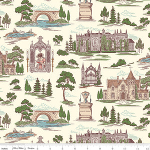 Northanger Abbey Abbey Cloud fabric with English estates, bridges, trees, and garden scenes on cream with ruler for scale.