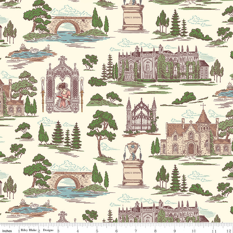 Northanger Abbey Abbey Cloud fabric with English estates, bridges, trees, and garden scenes on cream with ruler for scale.
