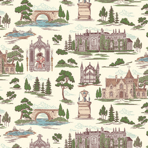 Northanger Abbey Abbey Cloud fabric with English estates, bridges, trees, and garden scenes on cream.